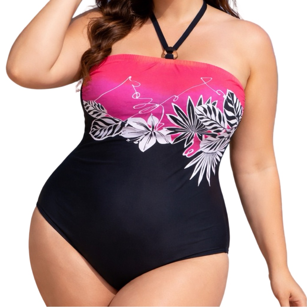 Carol Wior Pink Black Tropical Floral Halter One Piece Swimsuit Size 16